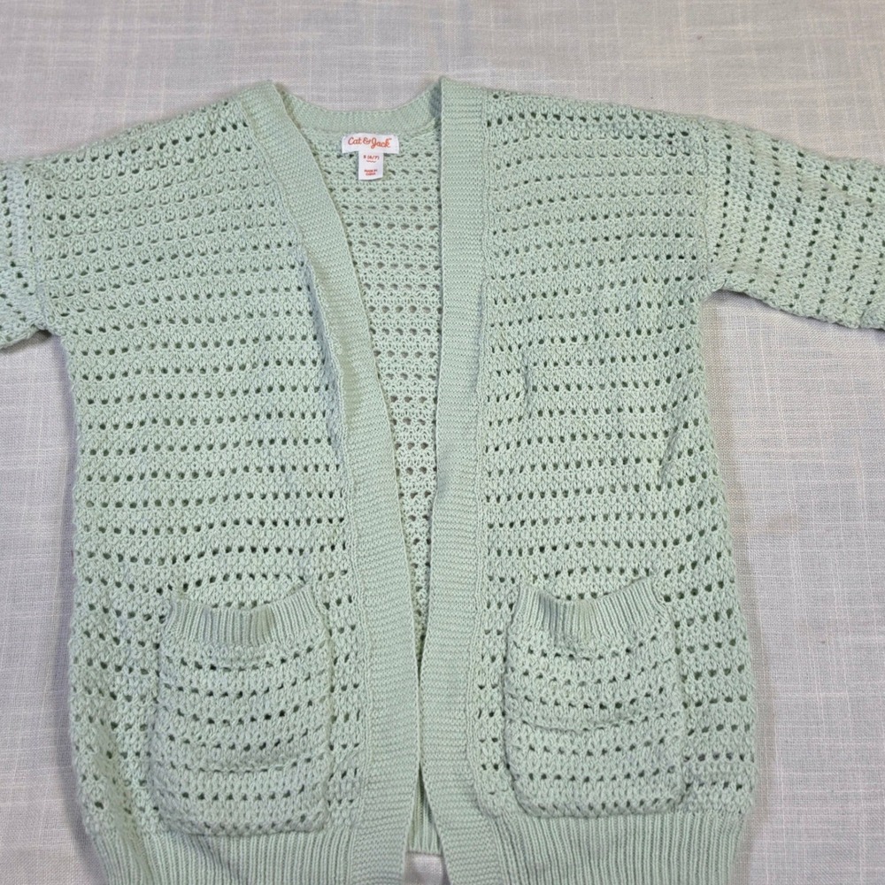 Cat & Jack Girl Mint Green Pointelle Knit Open Front Cardigan Pockets Size S 6/7